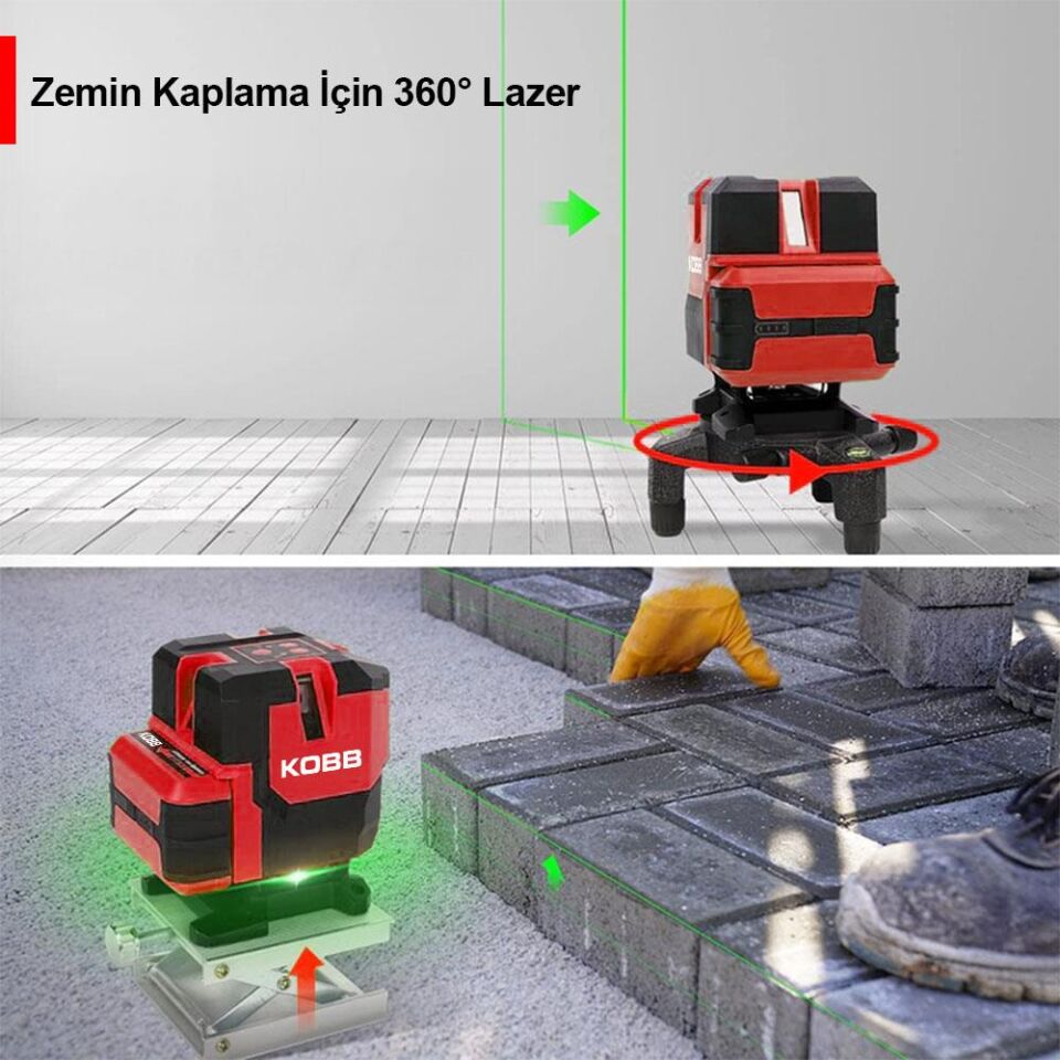 KOBB KBL41G 30Metre 4x90⁰/1x360⁰ Otomatik Hizalamalı Li-ion Çift Akülü Profesyonel Yeşil Çapraz Çizgi Lazer Distomat