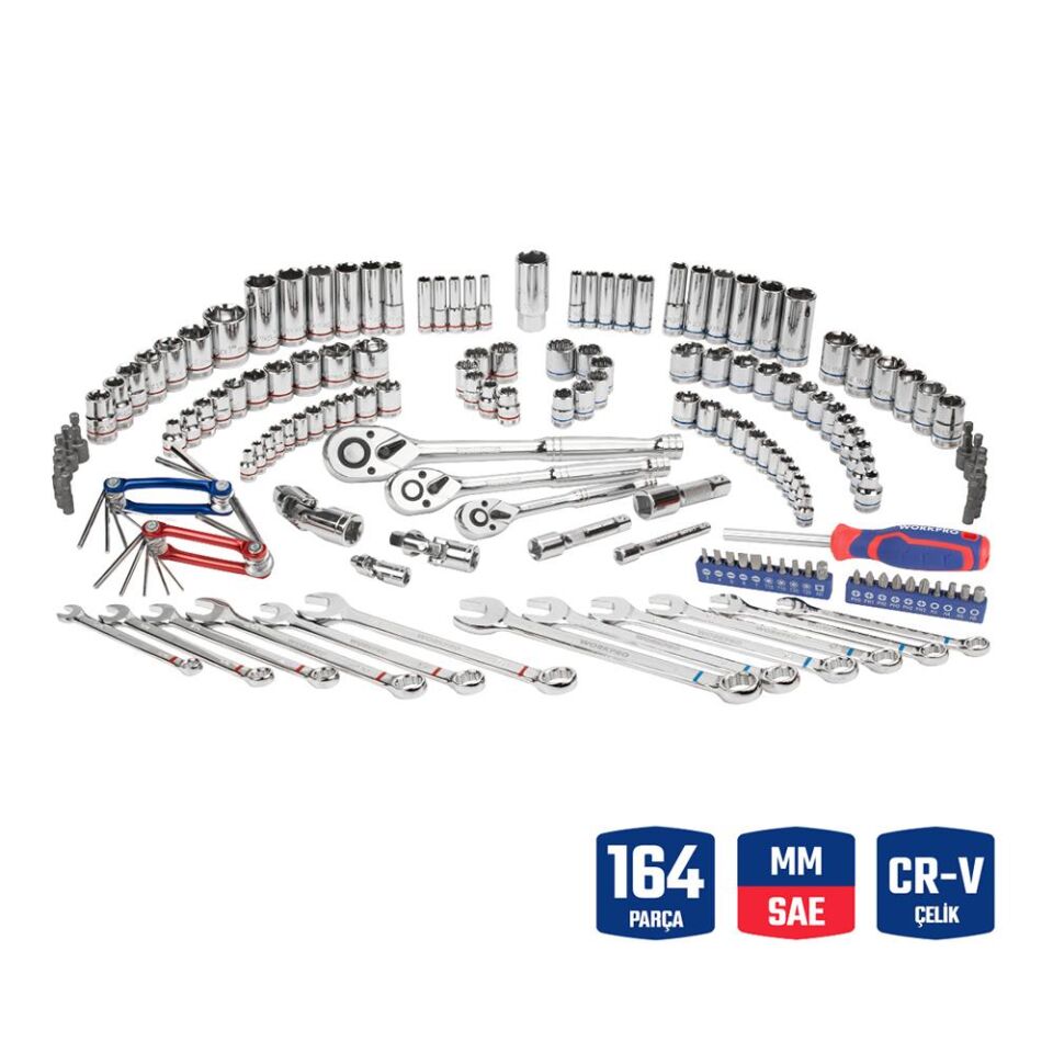 WORKPRO WP202530 1/4'’ 3/8’’ 1/2'’ Metrik/İnç 164 Parça Cr-V Ağır Hizmet Lokma ve Kombine Anahtar Takımı