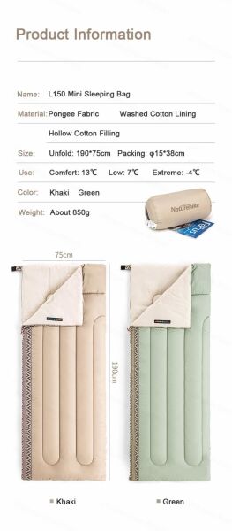 NATUREHIKE L 150 Zarf Tarzı Pamuklu Uyku Tulumu -4 Derece (Haki-Sağ)