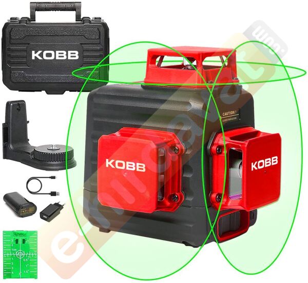 KOBB KBL34G 40 Metre Profesyonel Li-ion Şarjlı 3X360⁰ Otomatik Hizalamalı Yeşil Çapraz Çizgi Lazer Distomat