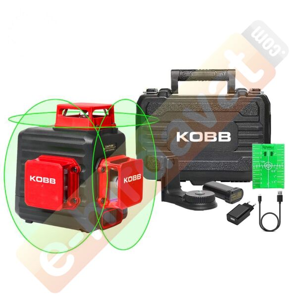 KOBB KBL34G 40 Metre Profesyonel Li-ion Şarjlı 3X360⁰ Otomatik Hizalamalı Yeşil Çapraz Çizgi Lazer Distomat