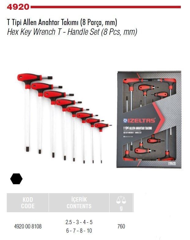 İZELTAŞ T Saplı Alyan Anahtar Takımı 8 Parça(4920 00 8108)