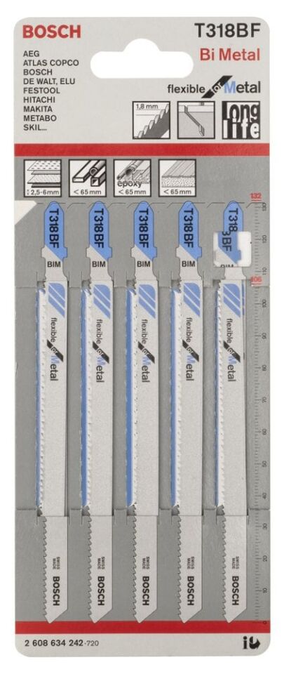 Bosch - Kırılmaya Karşı Dayanıklı Seri Metal İçin T 318 BF Dekupaj Testeresi Bıçağı - 5'Li Paket
