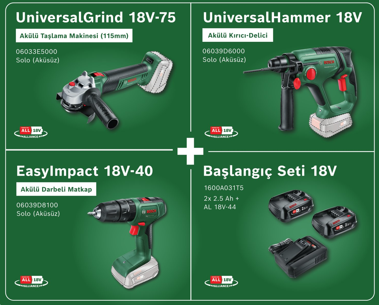 BOSCH UniversalGrind 18V-75 + UniversalHammer 18V + EasyImpact 18V-40 + 2x 2.5 Ah + AL 18V-44