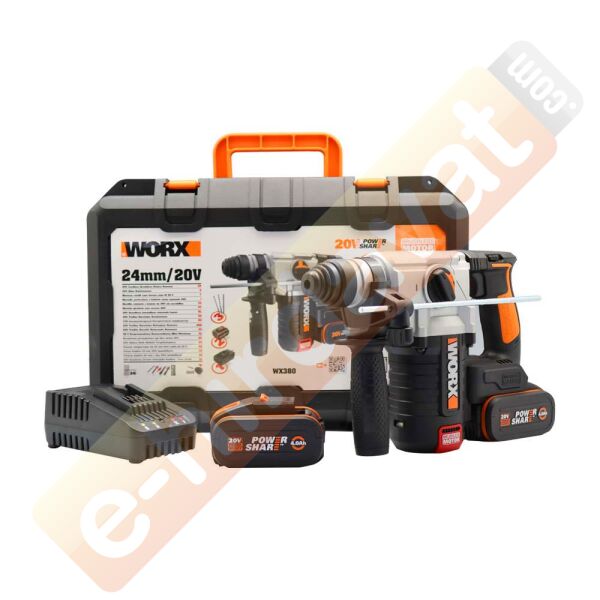 WORX WX380 20Volt 4.0Ah. 2.2J Li-ion Çift Akülü Şarjlı Profesyonel SDS-Plus Pnömatik Kırıcı/Delici