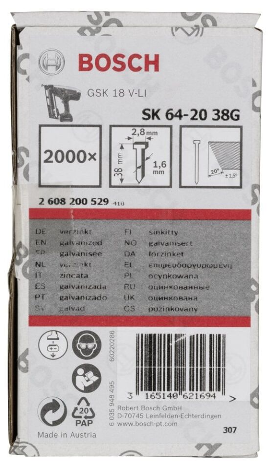 Bosch - Başsız Çivi 20ᵒ 38 mm Galvanizli 2000li
