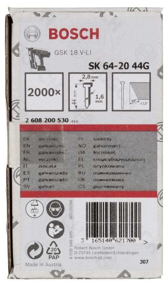 Bosch - Başsız Çivi 20ᵒ 44 mm Galvanizli 2000li