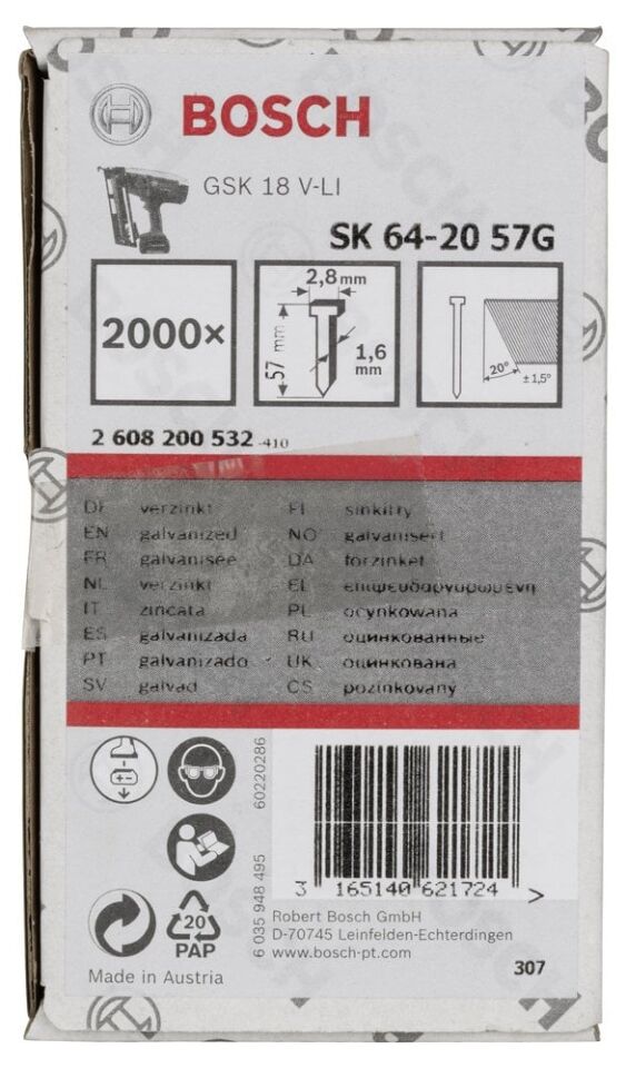 Bosch - Başsız Çivi 20ᵒ 57 mm Galvanizli 2000li