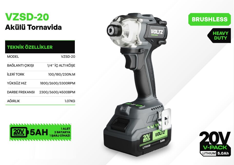 VOLTZ VZSD-20 Akülü Torklu Vidalama 20 Volt Çift Akülü 5 Ah 1/4 Soket