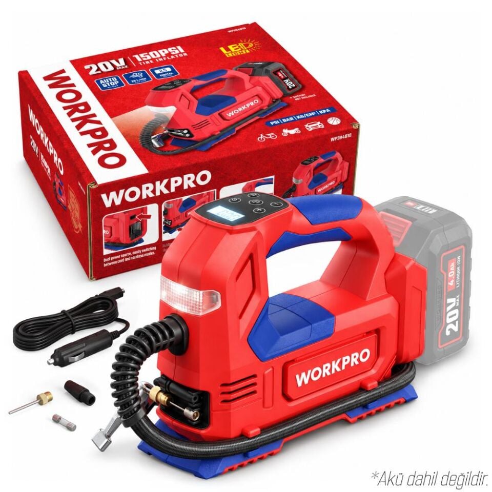 WORKPRO WP394010 20V/12Volt 150 PSI Ayarlanabilir Dijital Basınç Göstergeli Hava Pompası (Aküsüz)