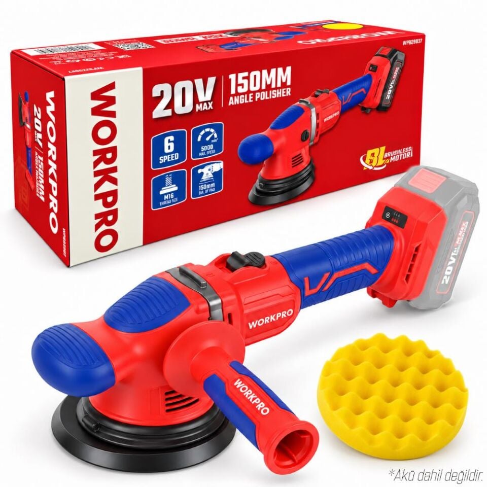 WORKPRO WP392200 20V 150MM Kömürsüz Şarjlı Profesyonel Orbital Polisaj Makinesi Akü Dahil Değildir