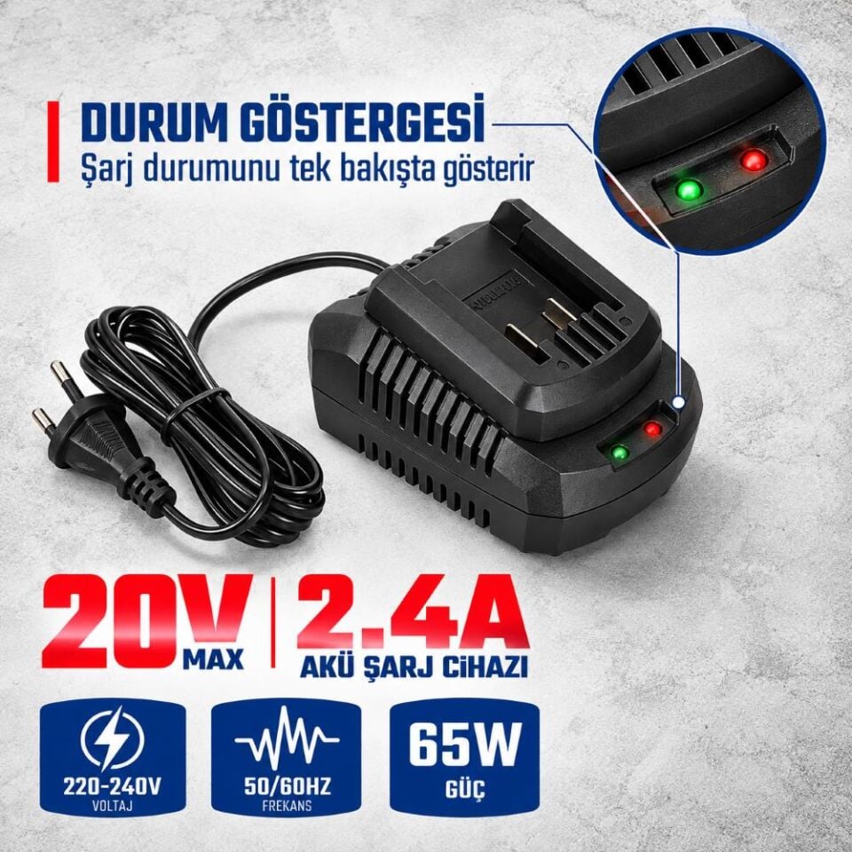 WORKPRO WP396000 20Volt 2.4A/Saat Li-ion Profesyonel Hızlı Akü Şarj Cihazı
