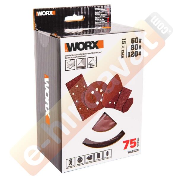 WORX WA2028 60, 80, 120 Kum, Metal ve Ahşap 75 Adet Cırtlı Zımpara Kâğıdı Seti