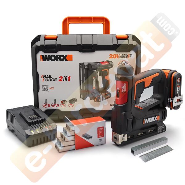 WORX WX843 20Volt/2.0Ah. Li-ion Şarjlı Profesyonel 6-14mm Zımba ve 15mm Çivi Çakma + 3500 adet Yedek Zımba ve Çivi