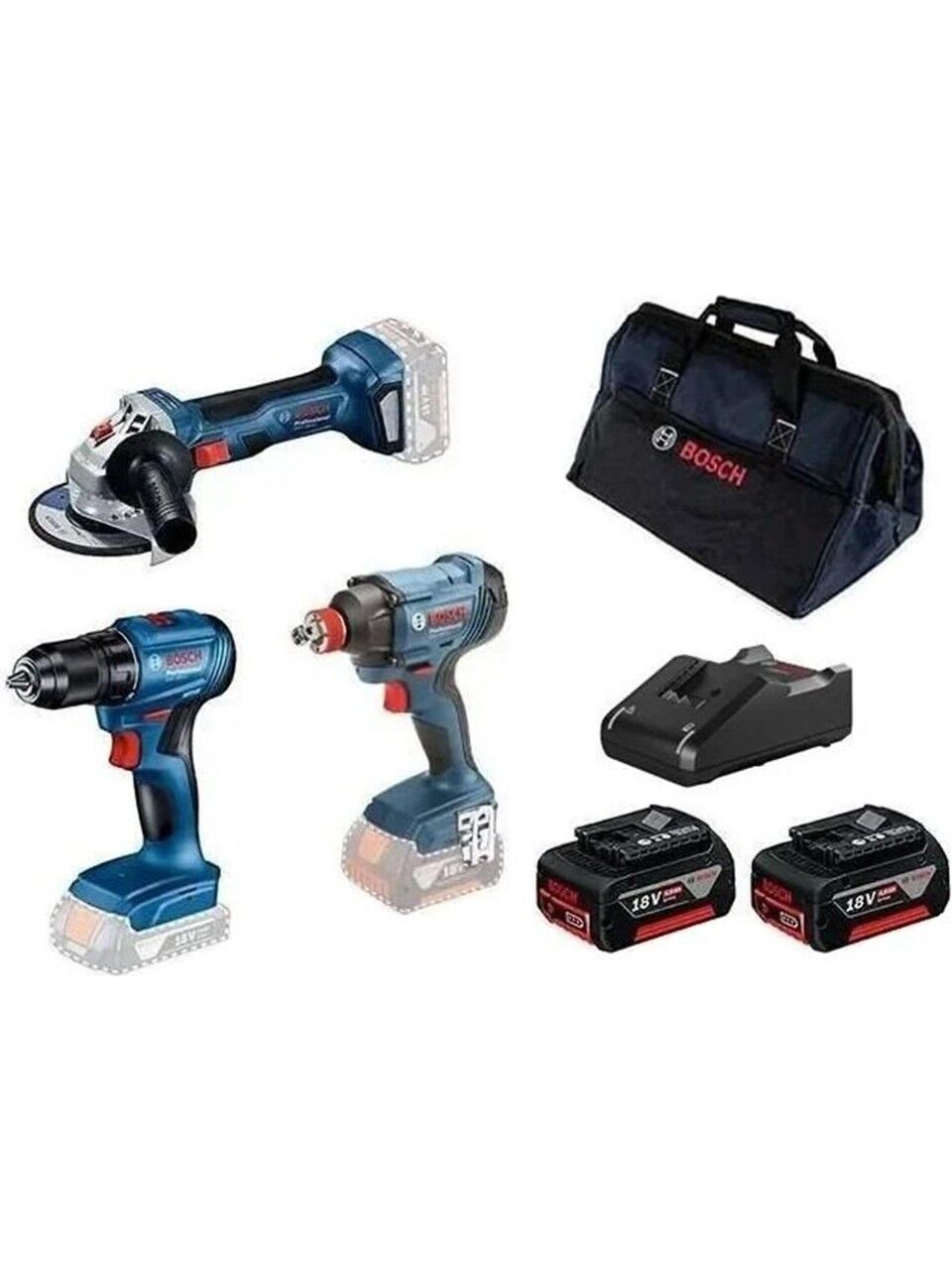 Bosch Professional GSR 185-LI + GDX 180-LI + GWS 180-LI Set (2 x 4.0 Ah; GAL 18V-40)