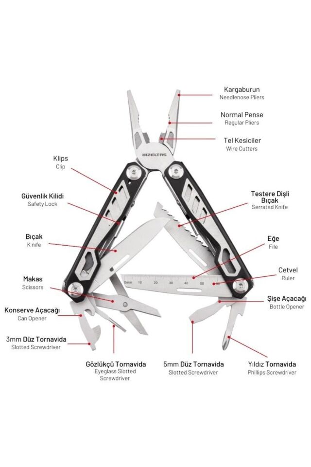 İZELTAŞ Multi Tool 15 Fonksiyona Sahip Katlanabilir Çakı+Pense 155 mm