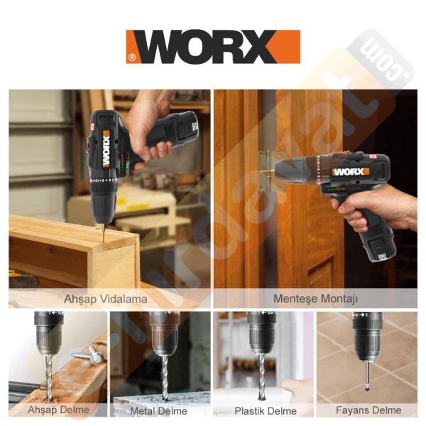 WORX WX121 12Volt/2.0Ah Li-ion Çift Akülü Kömürsüz Profesyonel Şarjlı Darbeli Matkap + 5 Parça Aksesuar