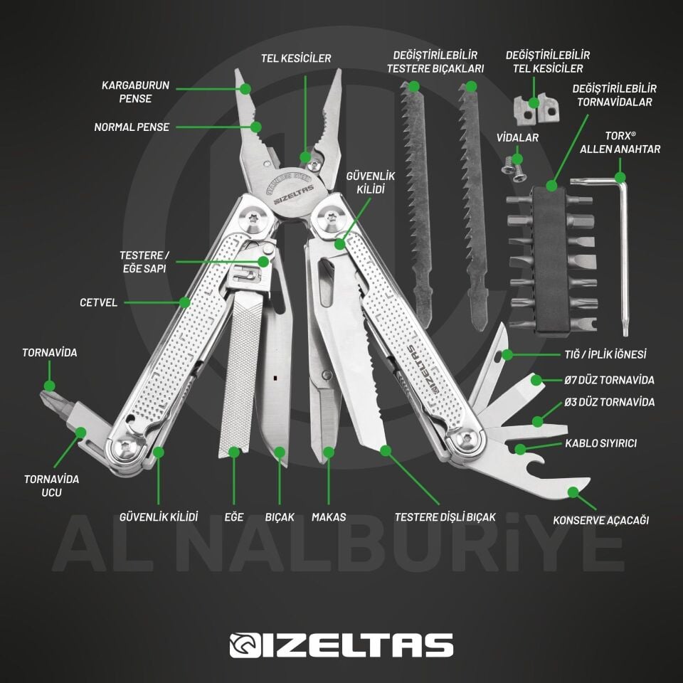 İZELTAŞ Multi Pro Tool 15 Fonksiyonlu Katlanır Multi Pense Seti