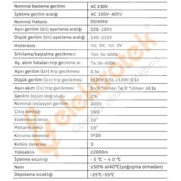 ELEKTROTEK Monofaze Gerilim ve Akım Koruyucu Dijital Röle-Otomat 220 Volt 63A