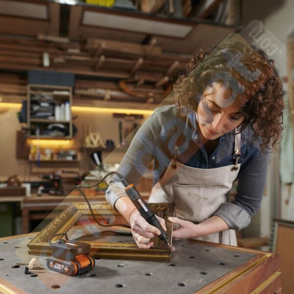 WORX WX990 MAKERX 20Volt 2.0Ah. Kömürsüz Profesyonel Gravür + 50MM Açılı Avuç Taşlama Kombo Set + 39 Parça aksesuar