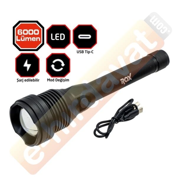 ROX Outdoor Şarjlı Led El Feneri 6000 Lümen (153ROX0214)