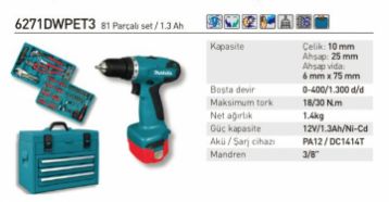 Makita 6271DWPET3 81 Parçalı Akülü Matkap
