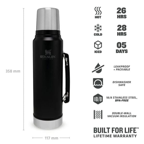 STANLEY Klasik Vakumlu Çelik Termos 1 Litre (Siyah)