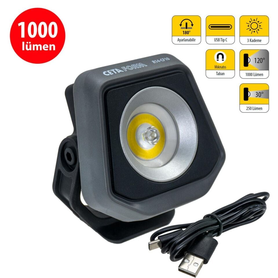 CETA-FORM R14-CF10 Şarjlı Kompakt Led Projektör Lamba 1000 Lümen