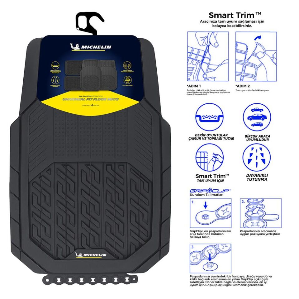 Michelin MC34587 Tüm Araçlara Uyumlu 4 Parça Üniversal 3D Havuzlu Oto Paspas