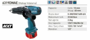 Makita 6319DWAE Akülü Matkap Vidalama