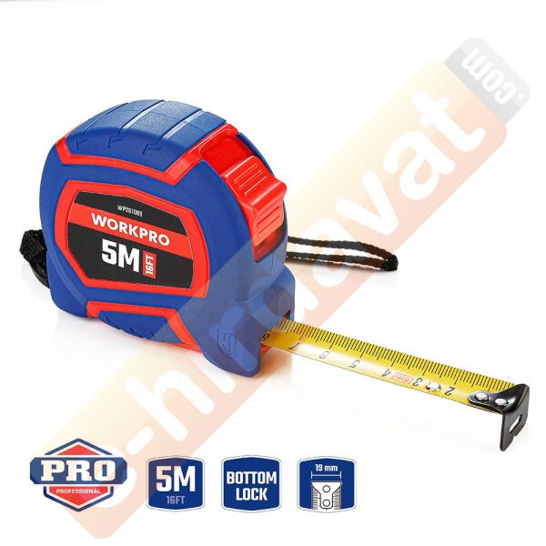 WORKPRO WP261009 5Mx19mm/16Ft. Naylon Kaplama Sarı Çelik Şerit Metre