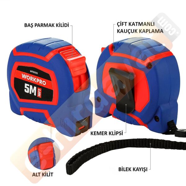 WORKPRO WP261009 5Mx19mm/16Ft. Naylon Kaplama Sarı Çelik Şerit Metre