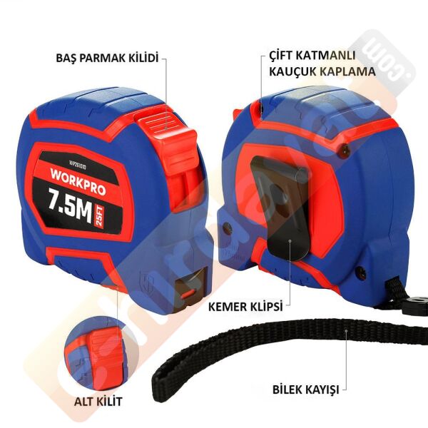 WORKPRO WP261010 7,5Mx25mm/25Ft. Naylon Kaplama Sarı Çelik Şerit Metre