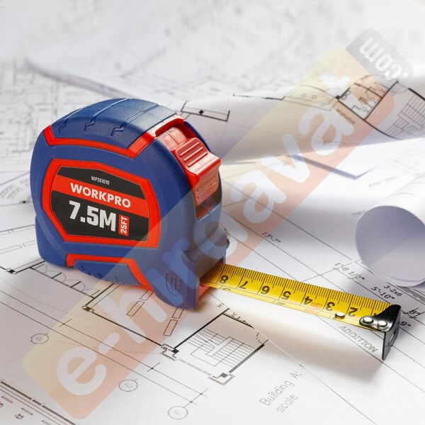 WORKPRO WP261010 7,5Mx25mm/25Ft. Naylon Kaplama Sarı Çelik Şerit Metre