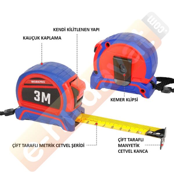 WORKPRO WP261040 3Mx16mm Naylon Kaplama Sarı Çift Taraflı Manyetik Çelik Şerit Metre