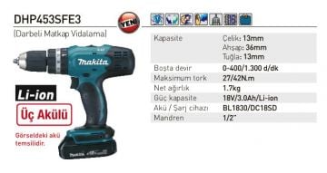 Makita DHP453SFE3 Akülü Darbeli Matkap Vidalama / 3 Akülü