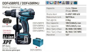Makita DDF458RMJ Akülü Matkap Vidalama