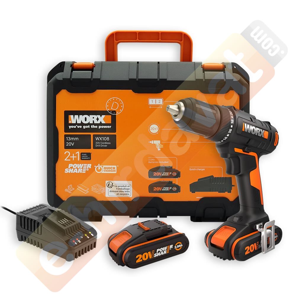WORX WX108 20Volt/2.0Ah. Li-ion Çift Akülü Profesyonel Şarjlı Matkap