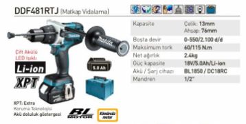 Makita DDF481RTJ Akülü Matkap Vidalama