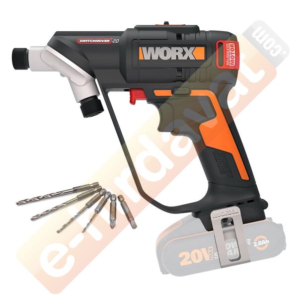 WORX WX177.9 20Volt Döner Kafa ve Çift Mandrenli Profesyonel Kömürsüz Şarjlı Matkap + 6 Parça Uç (Akü Dahil Değildir)