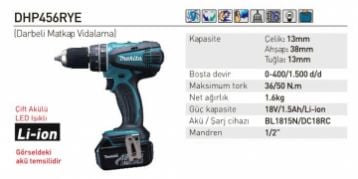Makita DHP456RYE Akülü Darbeli Matkap Vidalama