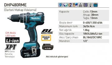 Makita DHP480RME Akülü Darbeli Matkap Vidalama