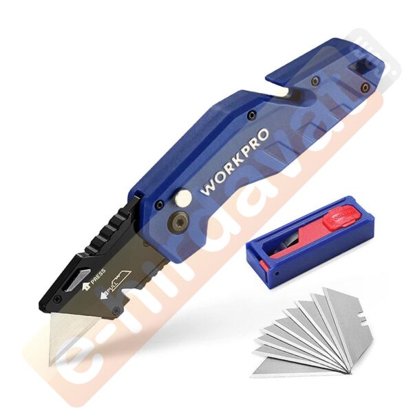 WORKPRO WP211008 Profesyonel Katlanır Çok Amaçlı Rötuş Maket Bıçağı + 10 Adet Yedek Bıçak