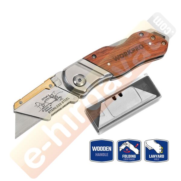 WORKPRO WP211014 Ağır Hizmet Paslanmaz Çelik/Ahşap Gövde Katlanır Rötuş Maket Bıçağı + 10 Adet Yedek Bıçak