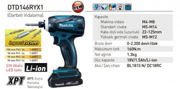 Makita DTD146RYX1 Akülü Darbeli Matkap Vidalama