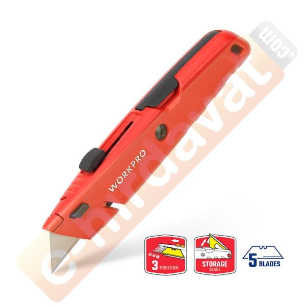 WORKPRO WP213009 Ağır Hizmet Alüminyum Gövde Geri Çekilebilir Rötuş Maket Bıçağı + 5 Adet Yedek Bıçak