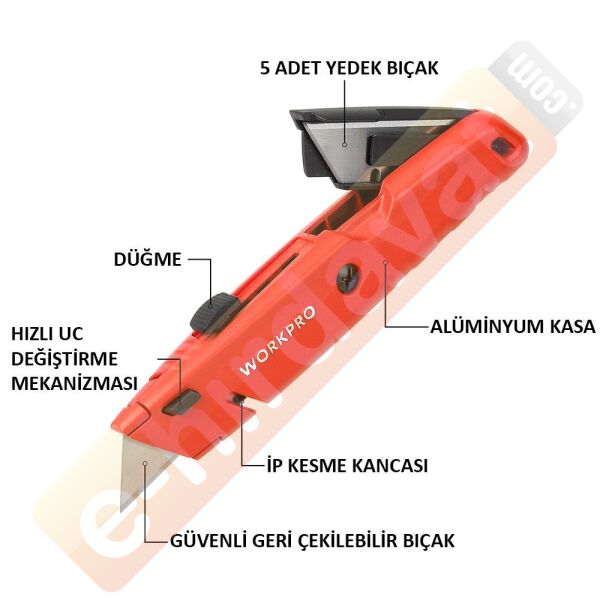 WORKPRO WP213009 Ağır Hizmet Alüminyum Gövde Geri Çekilebilir Rötuş Maket Bıçağı + 5 Adet Yedek Bıçak