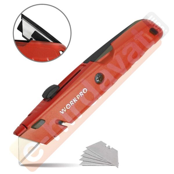 WORKPRO WP213009 Ağır Hizmet Alüminyum Gövde Geri Çekilebilir Rötuş Maket Bıçağı + 5 Adet Yedek Bıçak