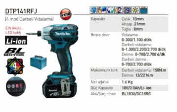 Makita DTP141RFJ Akülü 4 Mod Darbeli Matkap Vidalama
