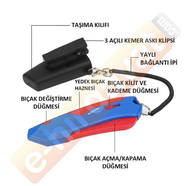 WORKPRO WP213010 Kemer Askı Kancalı Otomatik Geri Çekilebilir Mandallı Rötuş Maket Bıçağı + 3 Adet Yedek Bıçak